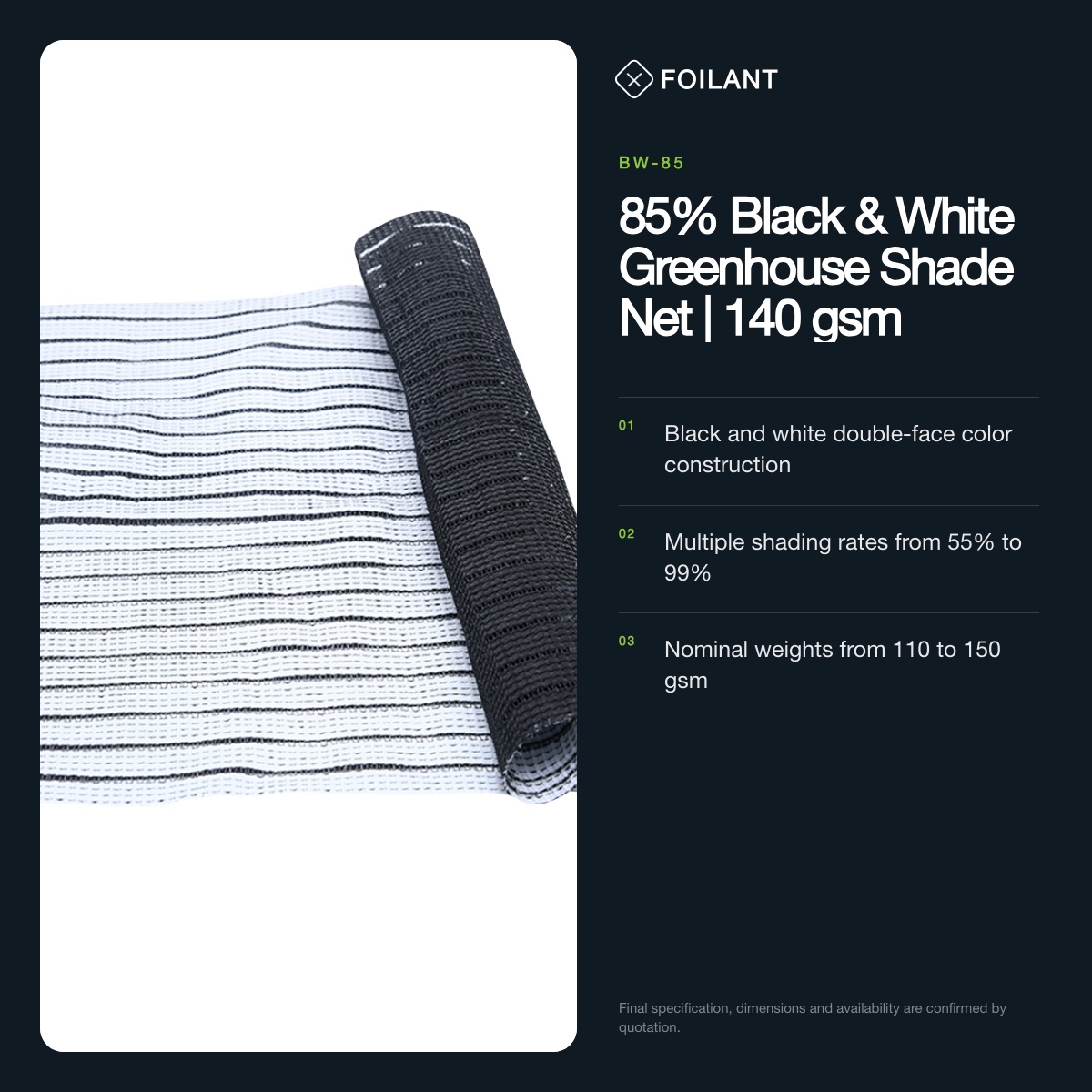 85% Black & White Greenhouse Shade Net | 140 gsm view 2